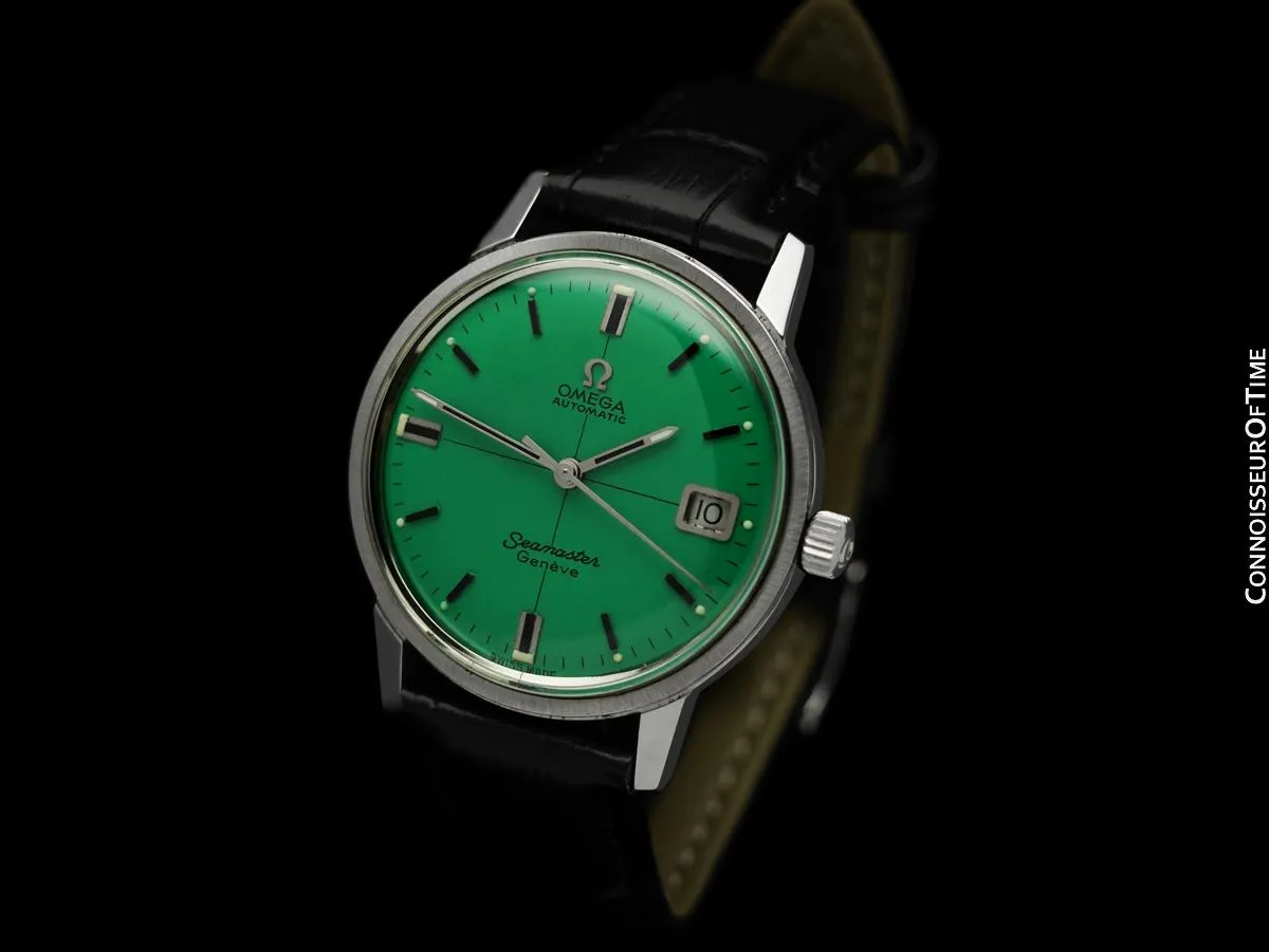 1968 Omega Seamaster Geneve Mens Vintage Cal. 565 Watch with Shamrock Green Dial, Double Signed Version - Stainless Steel