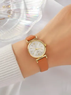 1pc PU Polyurethane Strap Round Dial Quartz Watch