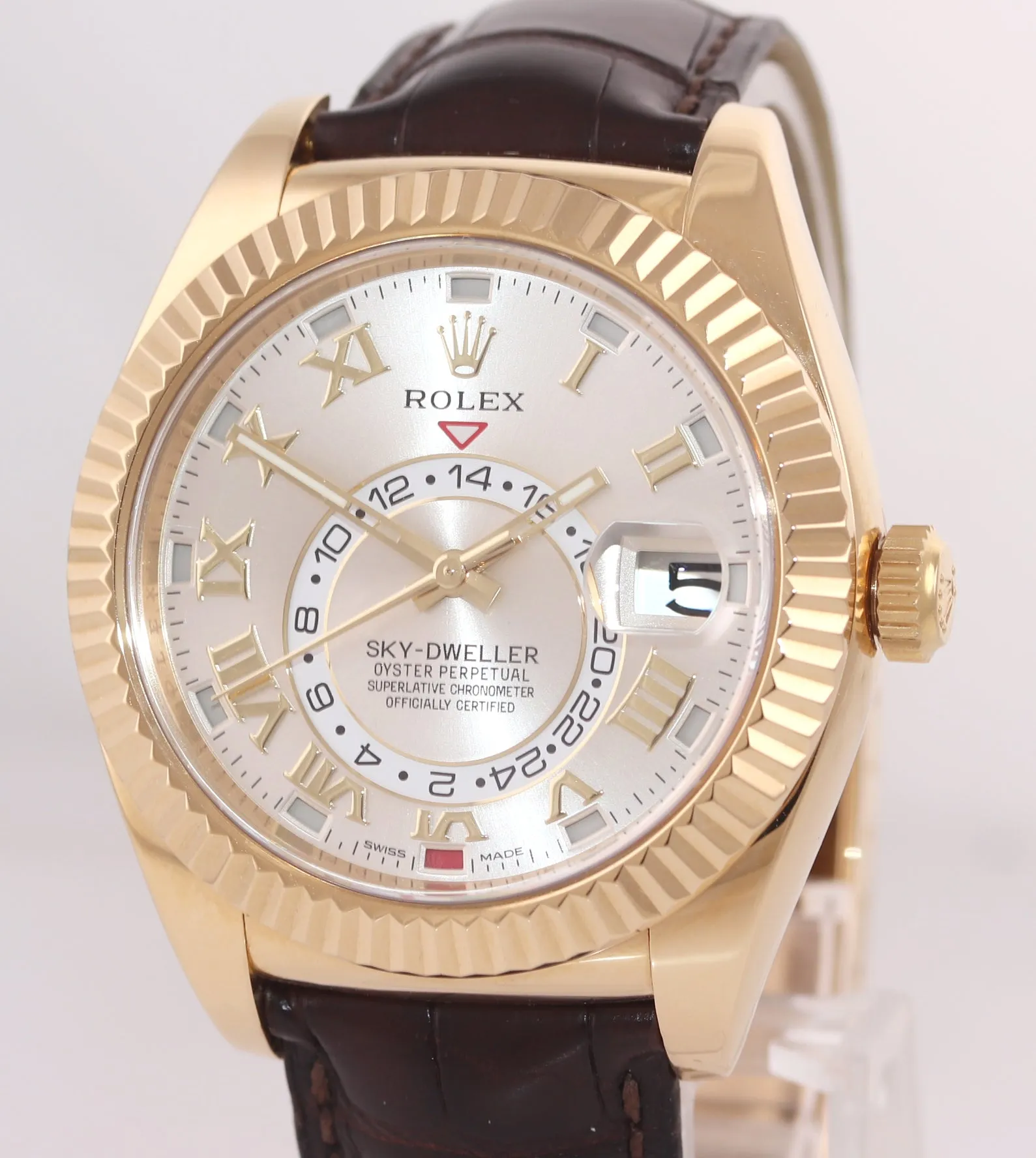 2015 BOX PAPERS Rolex Sky-Dweller 18K Gold 326138 42mm Silver Dial Leather watch