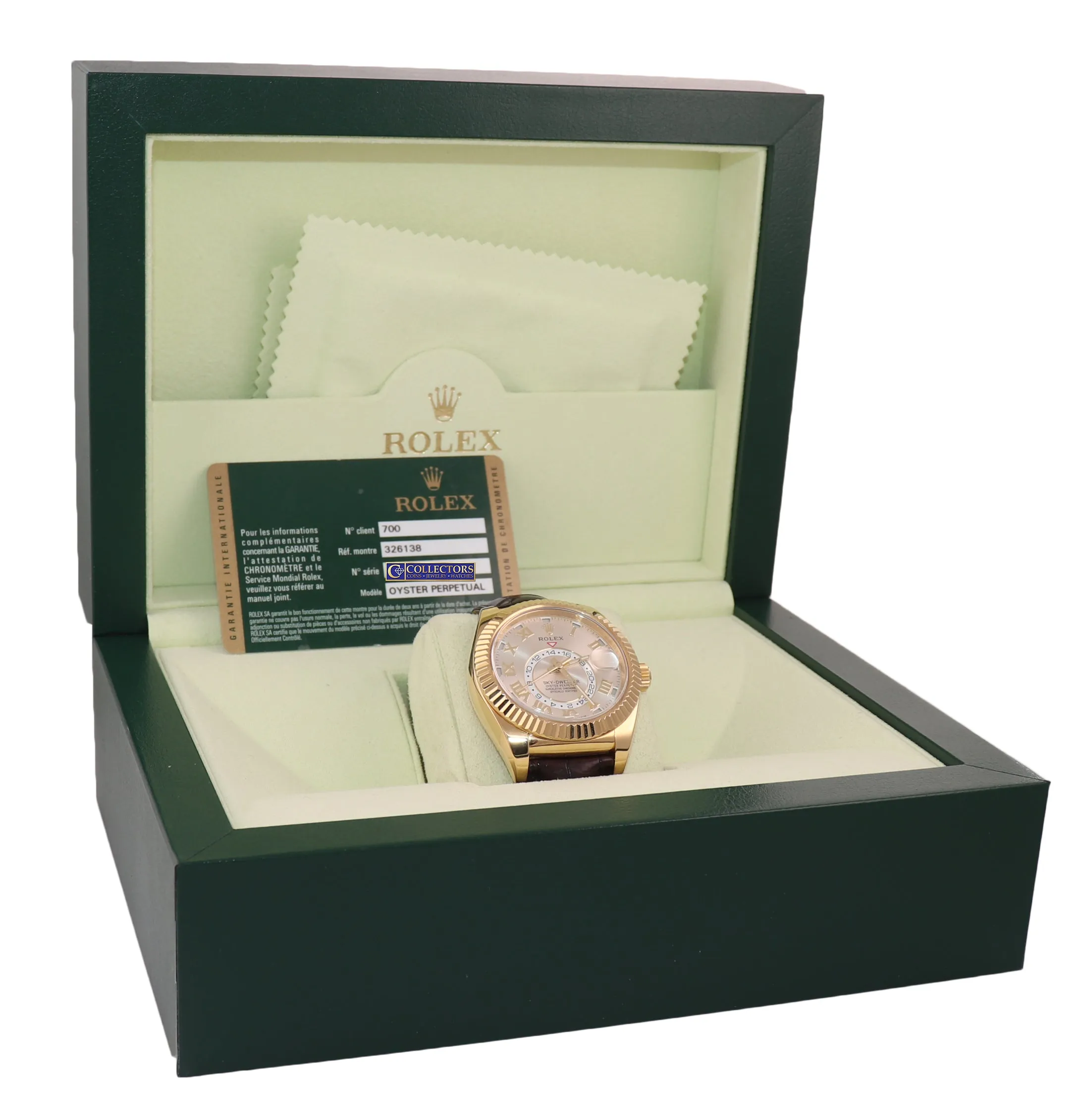 2015 BOX PAPERS Rolex Sky-Dweller 18K Gold 326138 42mm Silver Dial Leather watch