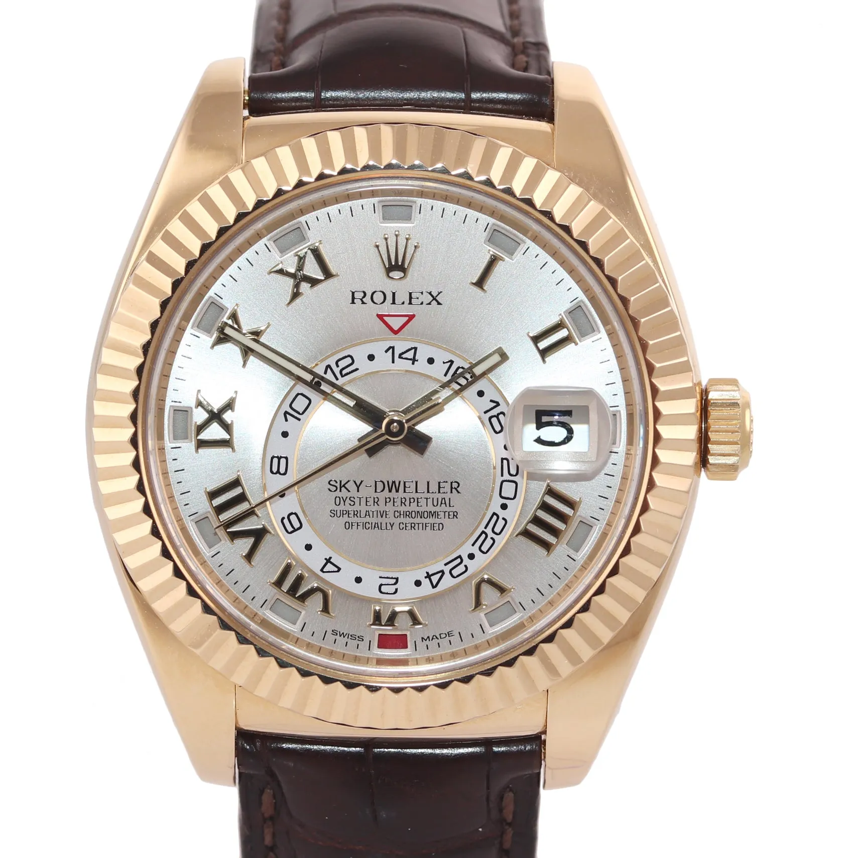 2015 BOX PAPERS Rolex Sky-Dweller 18K Gold 326138 42mm Silver Dial Leather watch
