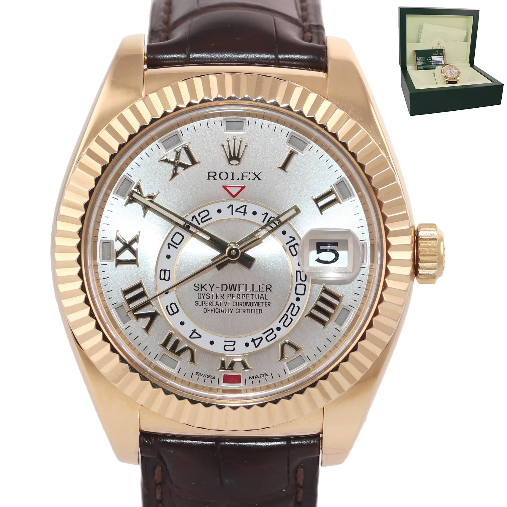 2015 BOX PAPERS Rolex Sky-Dweller 18K Gold 326138 42mm Silver Dial Leather watch