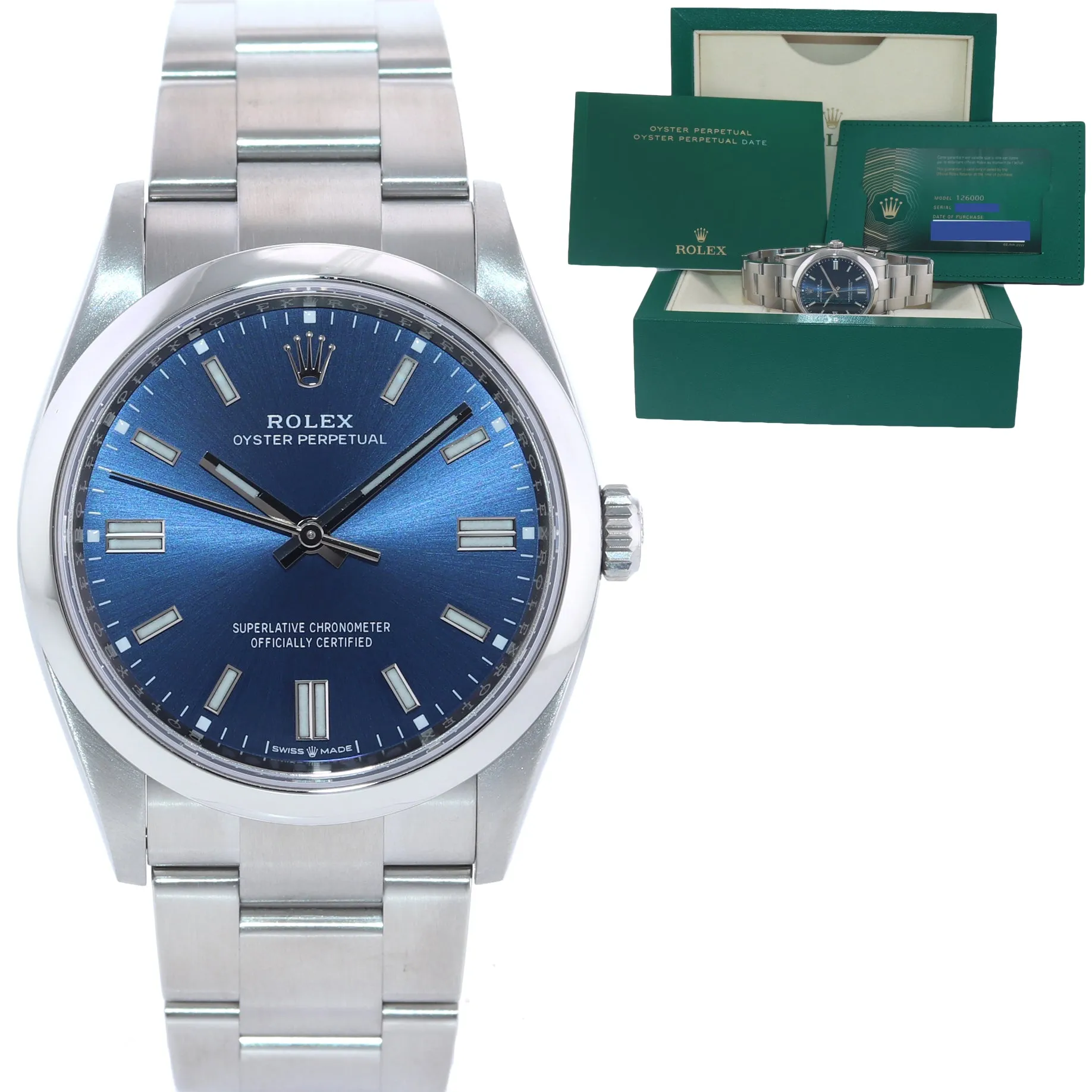 2020 PAPERS rolex Oyster Perpetual 36mm Steel Blue Stick Watch 126000 Box