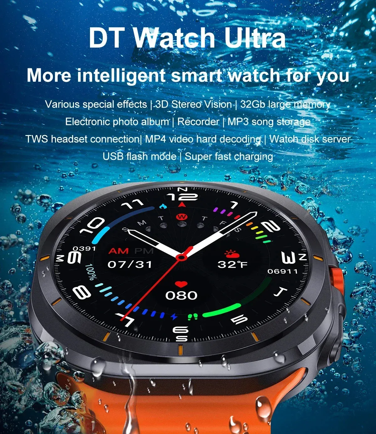 2024 DT Watch Ultra Smartwatch 47mm Smart Watches For iPhone Samsung Galaxy 32GB ROM Men Women Lady Video Player Sports Fitness