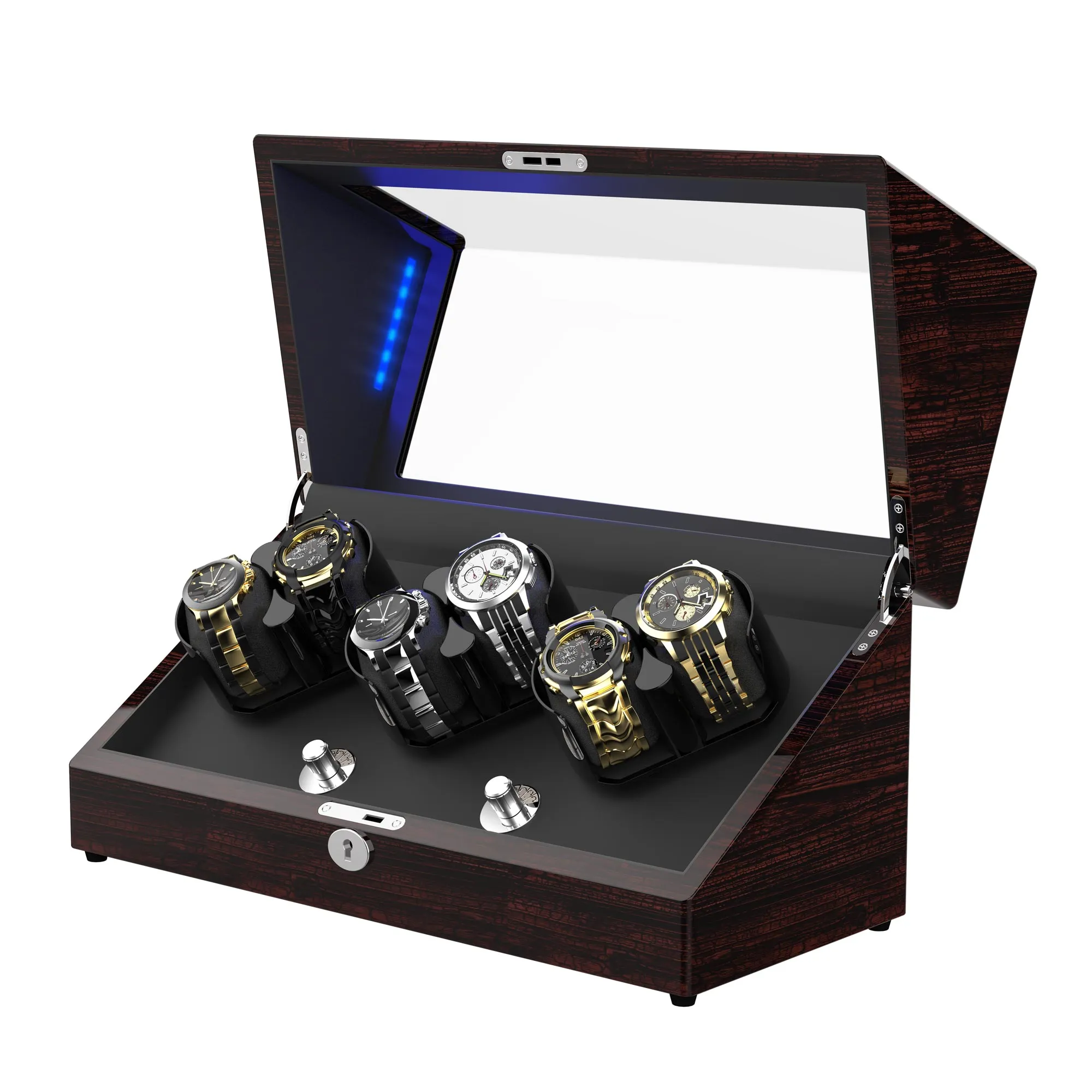 6 Automatic Watch Winder with Lock, Pine Bark Pattern/Pear Wood Pattern