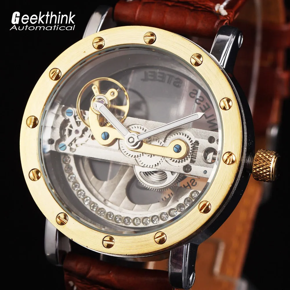 Antique Tourbillon Luxury Men's Automatic Watches Transparent Mechanical WristWatch relogios masculino Male Leather Strap New