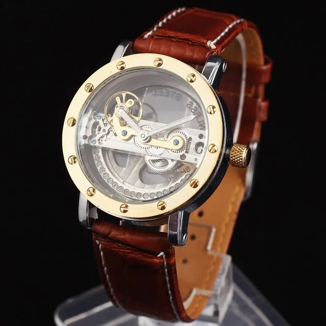 Antique Tourbillon Luxury Men's Automatic Watches Transparent Mechanical WristWatch relogios masculino Male Leather Strap New