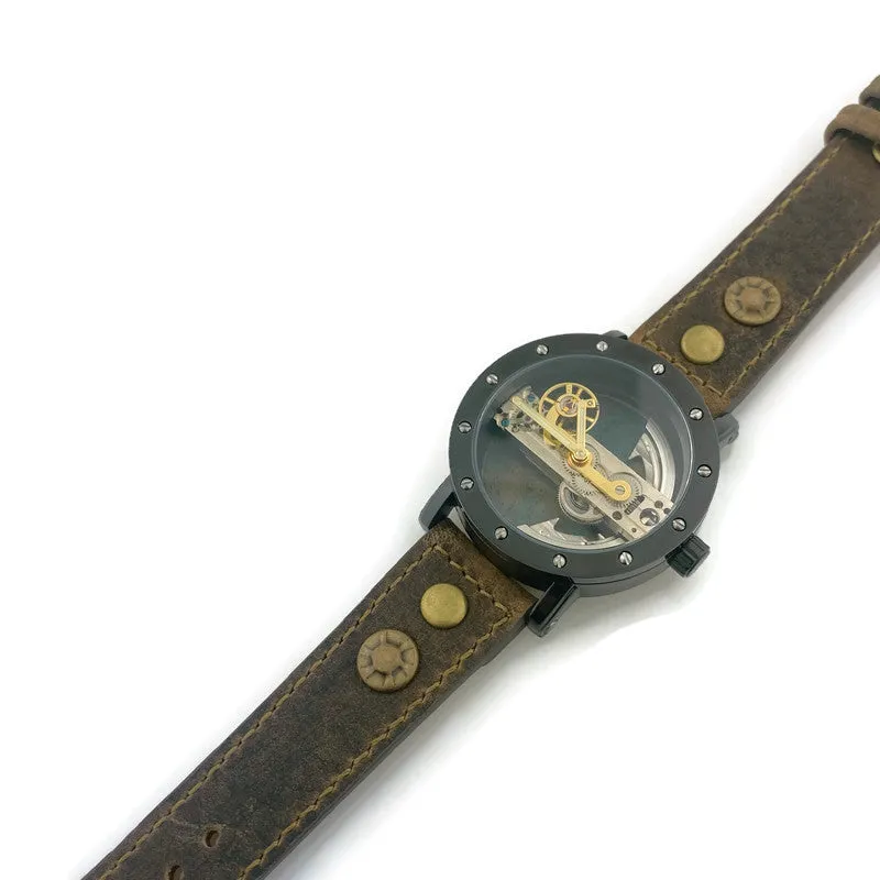 Automatic Mechanical Watch, Blue Background  with  Brown Leather Band