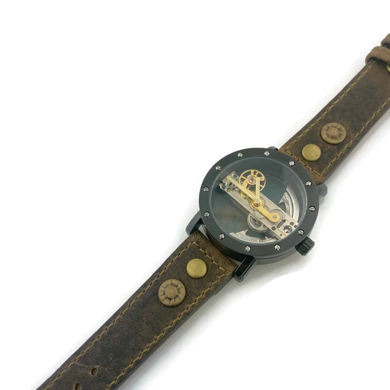 Automatic Mechanical Watch, Blue Background  with  Brown Leather Band