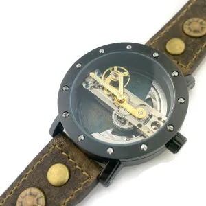Automatic Mechanical Watch, Blue Background  with  Brown Leather Band