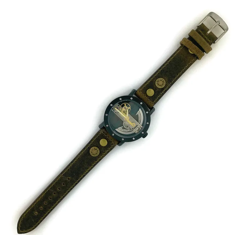 Automatic Mechanical Watch, Blue Background  with  Brown Leather Band