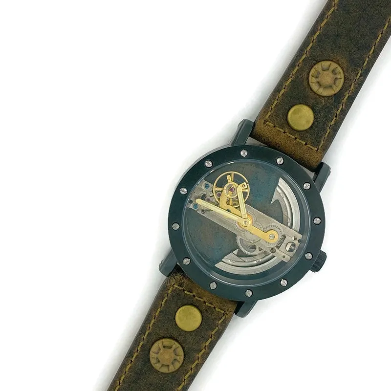 Automatic Mechanical Watch, Blue Background  with  Brown Leather Band