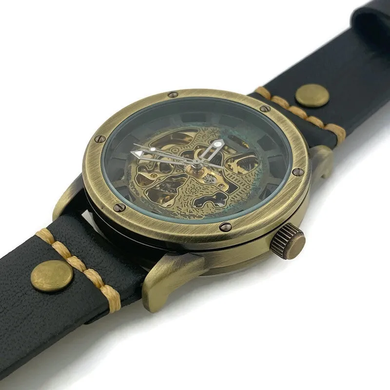 Automatic Mechanical Watch, Blue Dial with  Black Leather Band