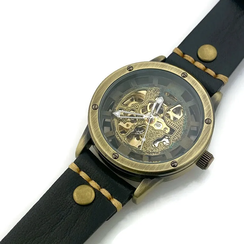 Automatic Mechanical Watch, Blue Dial with  Black Leather Band