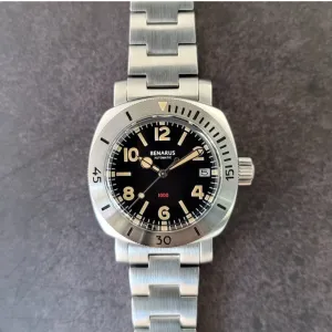 Benarus Moray Watch 38 steel black numbers dial vintage lume date
