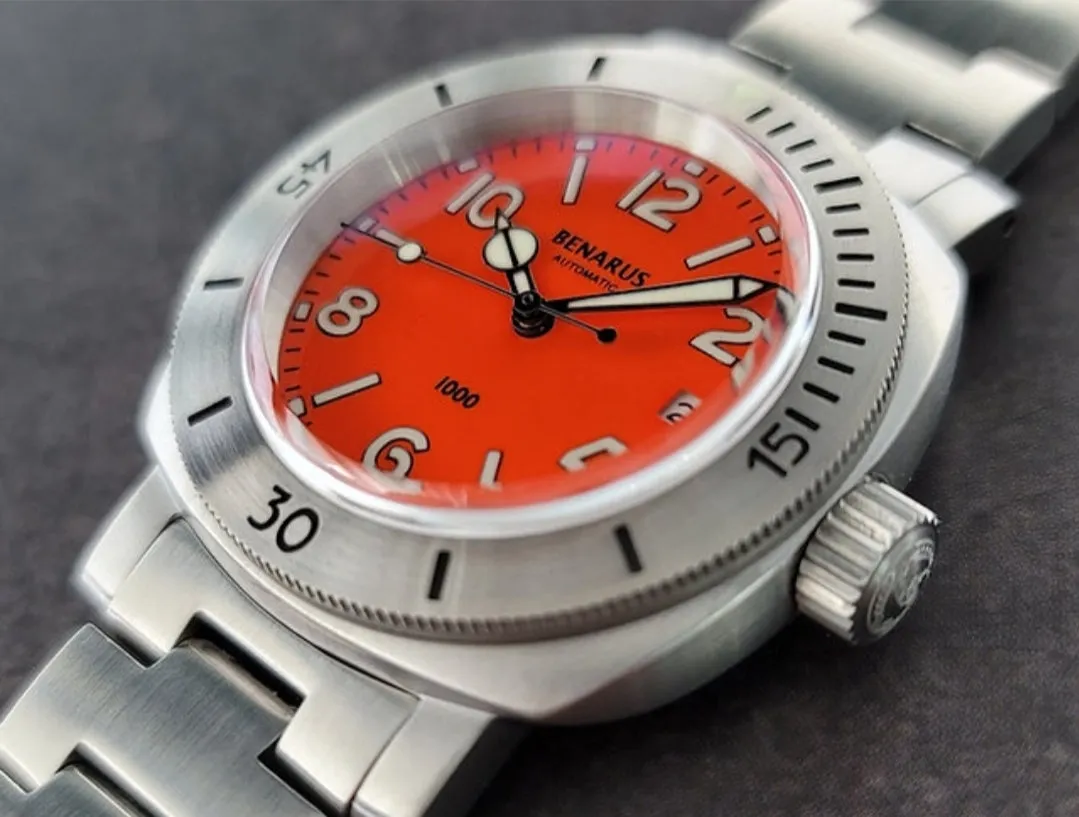 Benarus Moray Watch 38 steel orange numbers dial C3 lume date