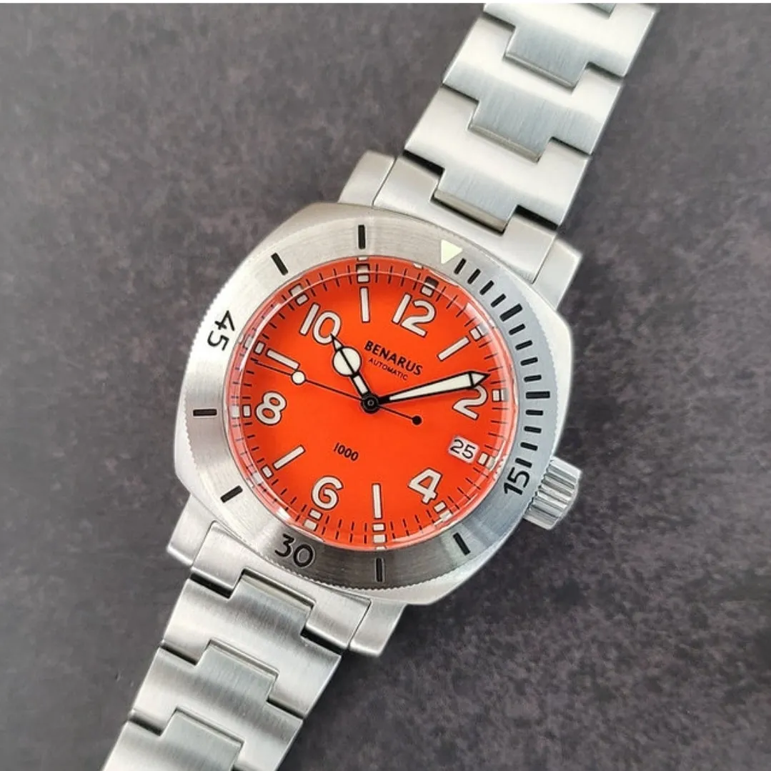 Benarus Moray Watch 38 steel orange numbers dial C3 lume date