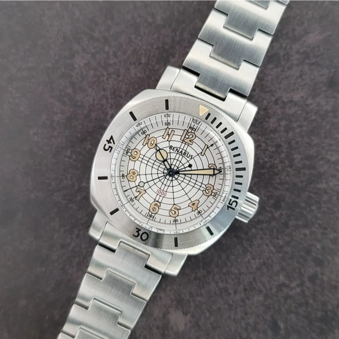 Benarus Moray Watch 38 steel silver dial vintage lume
