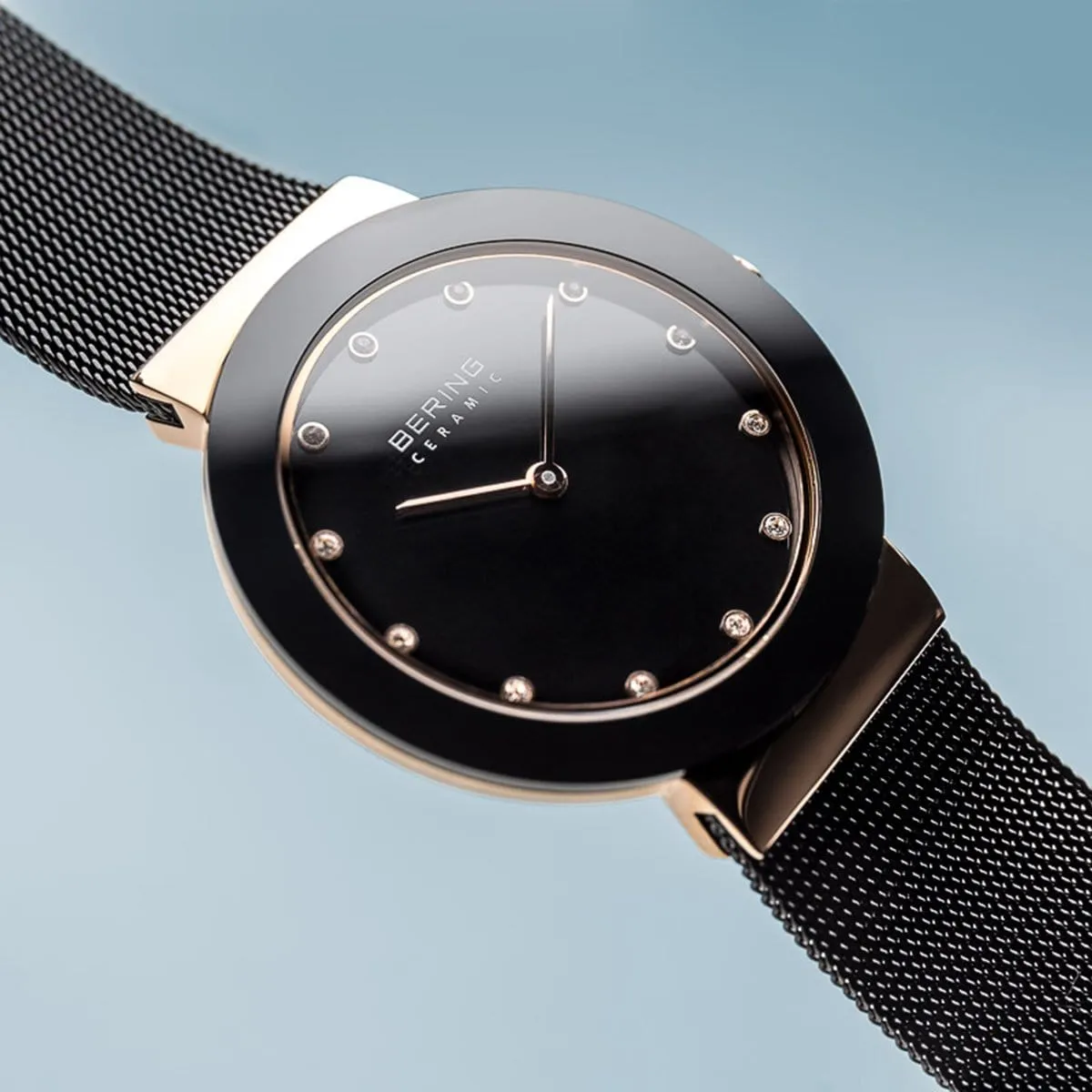 BERING Ceramic 35mm Polished Rose Gold Case Black Mesh Band Women's Watch 11435-166