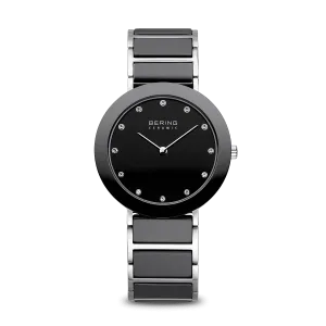 BERING Ceramic 35mm Polished Silver Case Black Dial Crystal Markers Women's Watch 11435-749