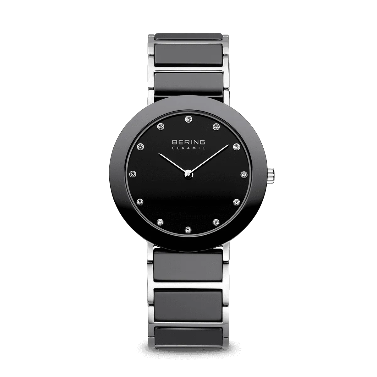 BERING Ceramic 35mm Polished Silver Case Black Dial Crystal Markers Women's Watch 11435-749
