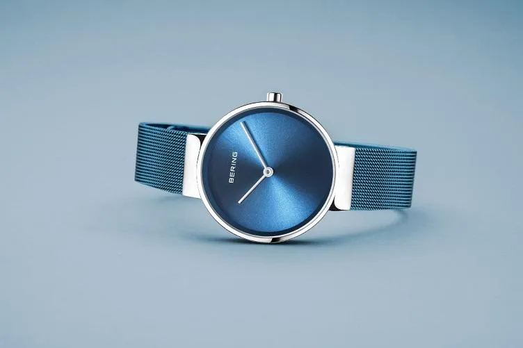 BERING Classic 31mm Polished Silver Milanese Strap Blue Women's Watch 14531-308