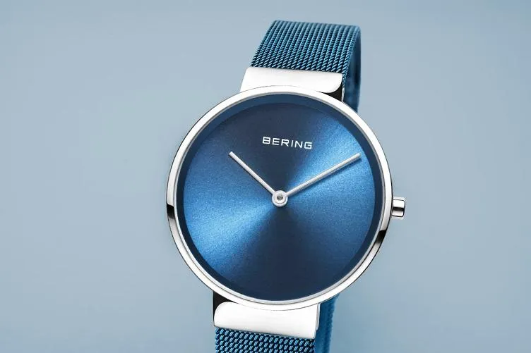 BERING Classic 31mm Polished Silver Milanese Strap Blue Women's Watch 14531-308