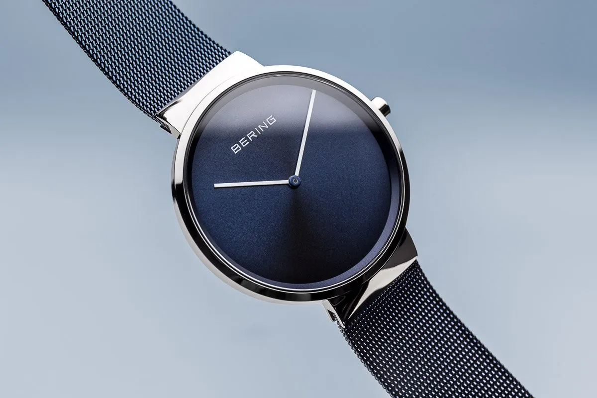 BERING Classic Polished Silver Blue Mesh Band Unisex Watch 14539-307