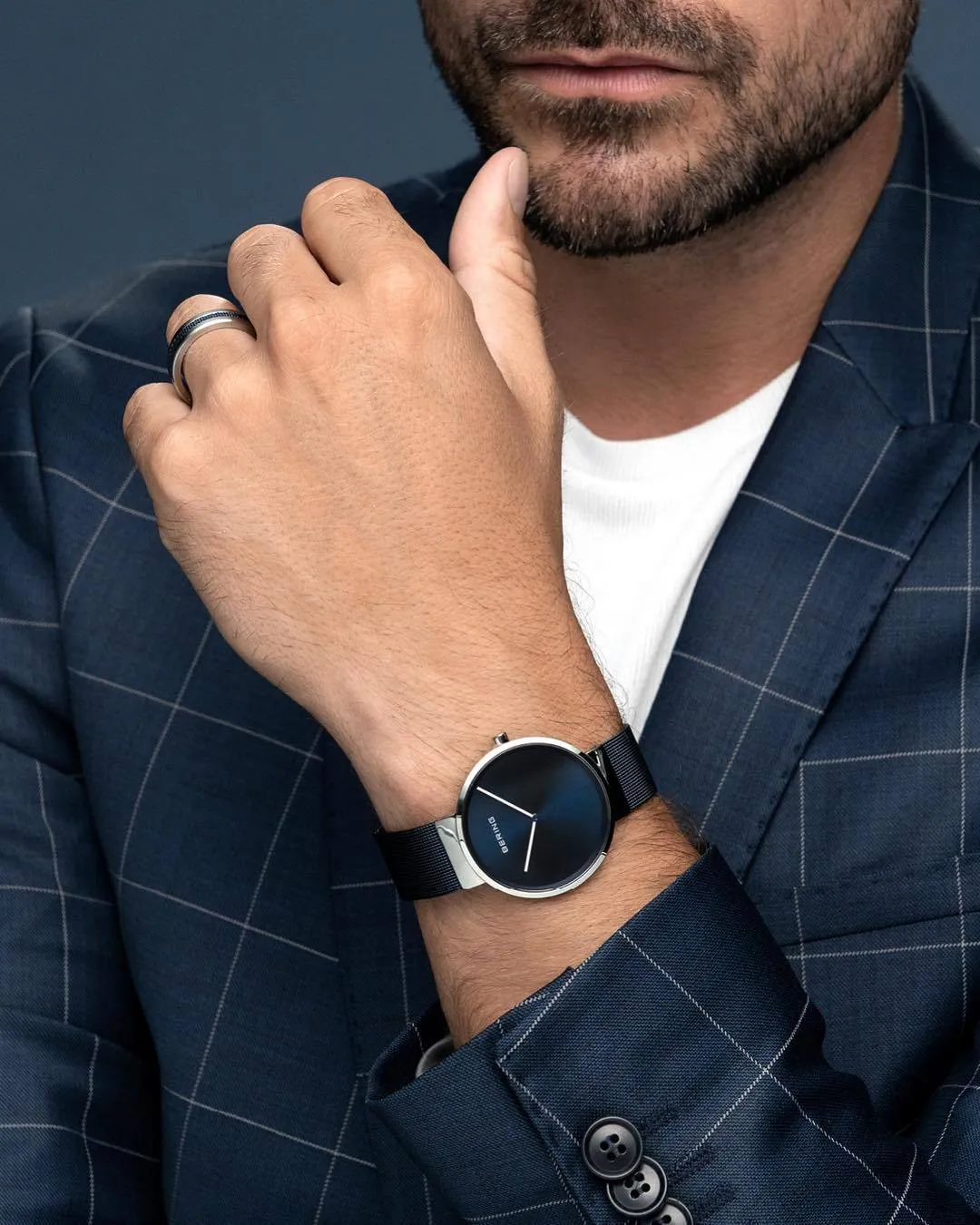 BERING Classic Polished Silver Blue Mesh Band Unisex Watch 14539-307
