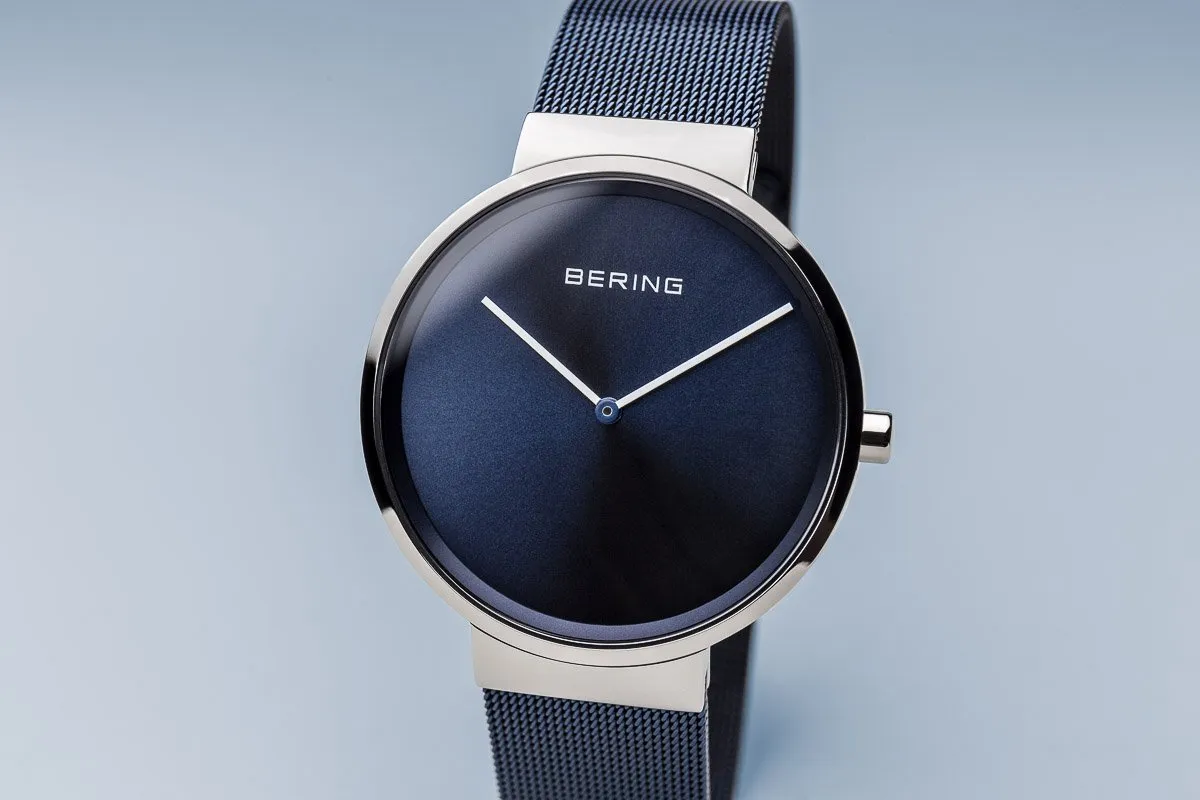 BERING Classic Polished Silver Blue Mesh Band Unisex Watch 14539-307