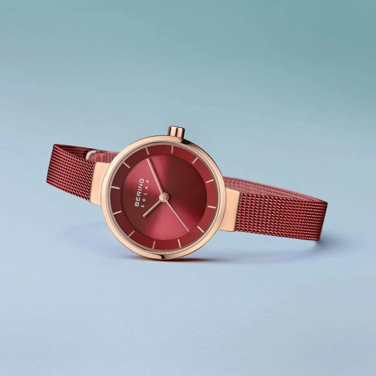 BERING Solar 27mm Polished Rose Gold Red Milanese Strap Women's Watch 14627-363