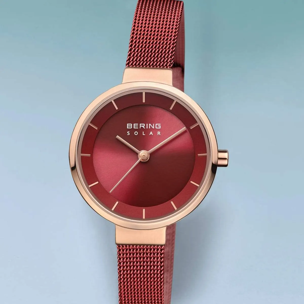 BERING Solar 27mm Polished Rose Gold Red Milanese Strap Women's Watch 14627-363