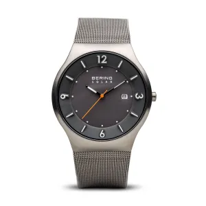 BERING Solar 40mm Brushed Grey Case Grey Mesh Band Men's Watch 14440-077