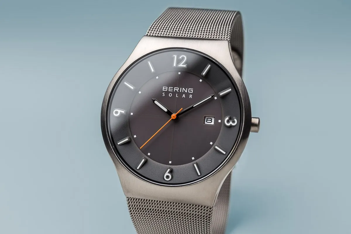 BERING Solar 40mm Brushed Grey Case Grey Mesh Band Men's Watch 14440-077