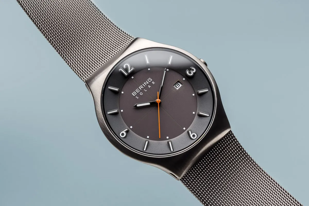 BERING Solar 40mm Brushed Grey Case Grey Mesh Band Men's Watch 14440-077