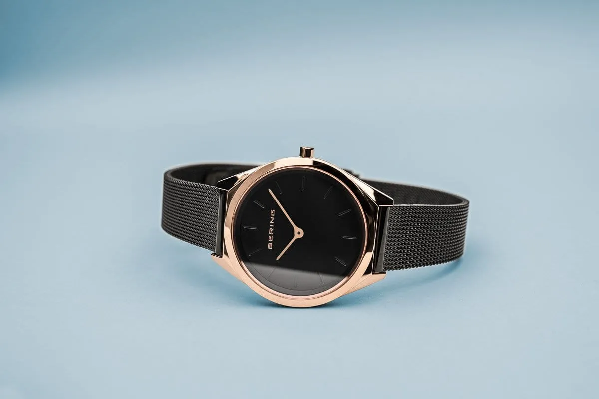BERING Ultra Slim 31mm Polished Rose Gold Case Black Mesh Strap Women's Watch 17031-166
