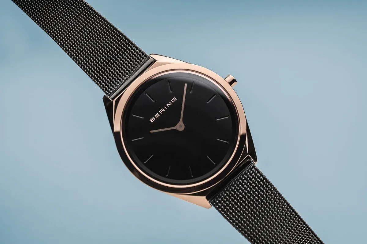 BERING Ultra Slim 31mm Polished Rose Gold Case Black Mesh Strap Women's Watch 17031-166
