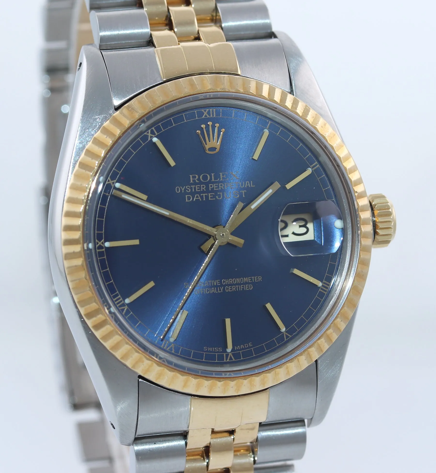 Blue Rolex DateJust 16013 two tone Yellow Gold Steel Fluted Jubilee Watch Box