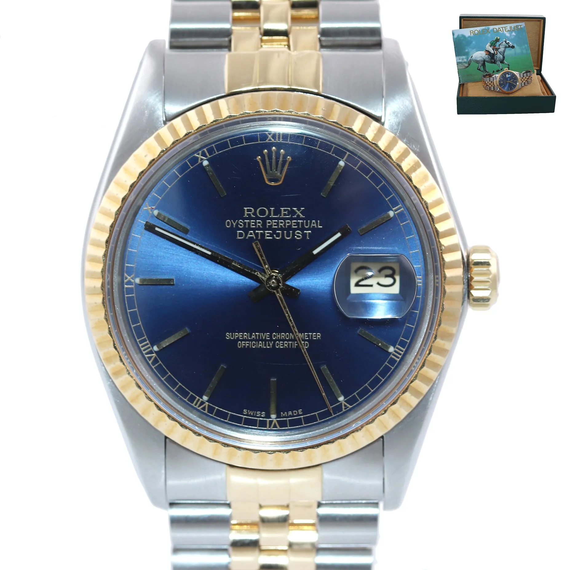 Blue Rolex DateJust 16013 two tone Yellow Gold Steel Fluted Jubilee Watch Box