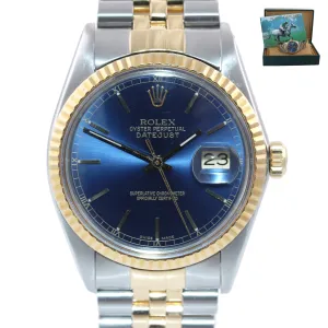 Blue Rolex DateJust 16013 two tone Yellow Gold Steel Fluted Jubilee Watch Box
