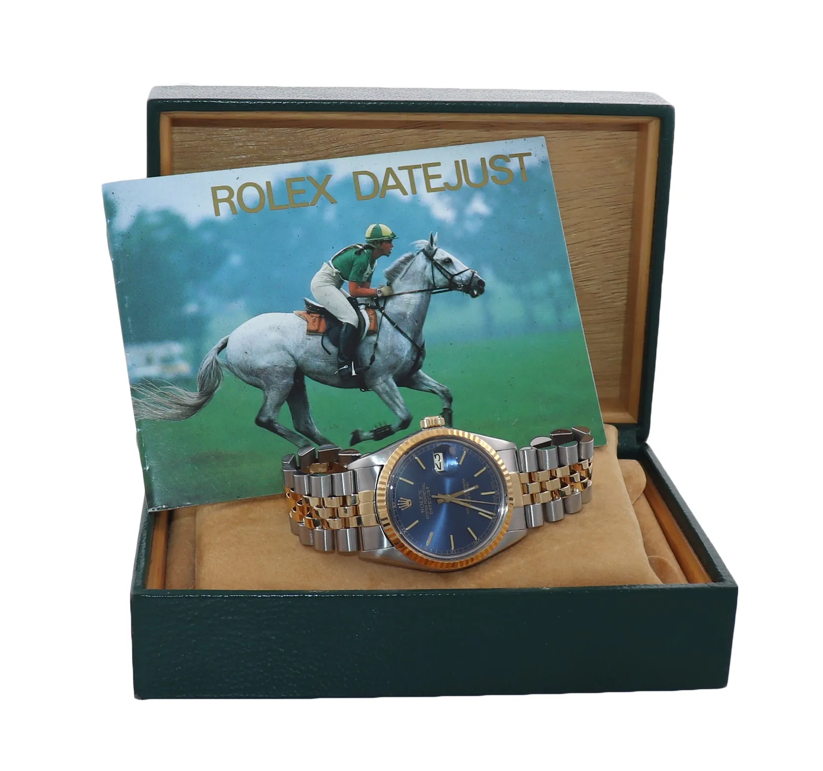 Blue Rolex DateJust 16013 two tone Yellow Gold Steel Fluted Jubilee Watch Box