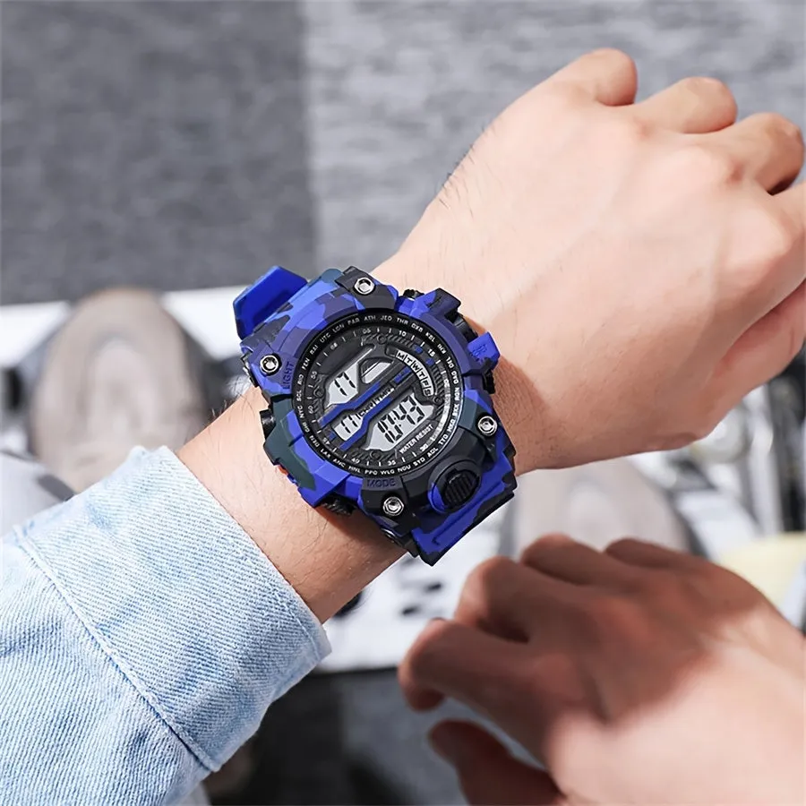 Boys' Camo Silicone Strap Digital Watch - Large Dial, Date & Week Display, Alarm, Chronograph, Luminous, Waterproof FS