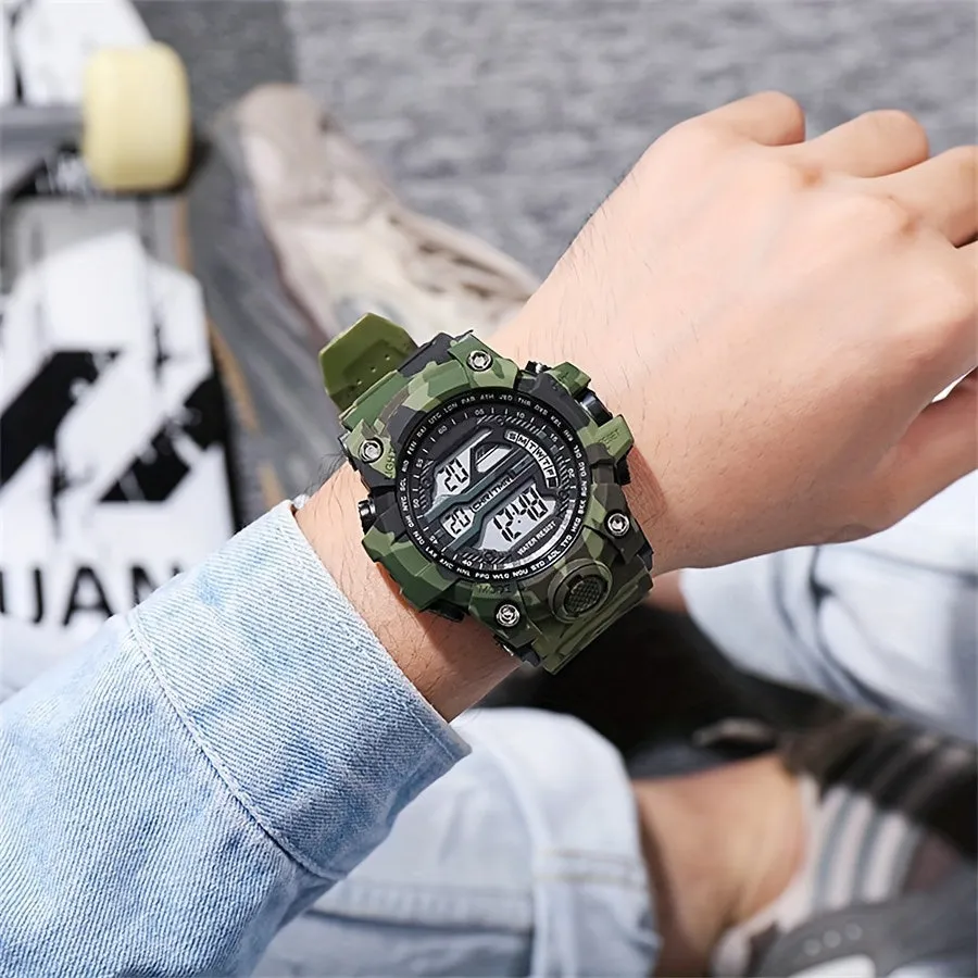 Boys' Camo Silicone Strap Digital Watch - Large Dial, Date & Week Display, Alarm, Chronograph, Luminous, Waterproof FS