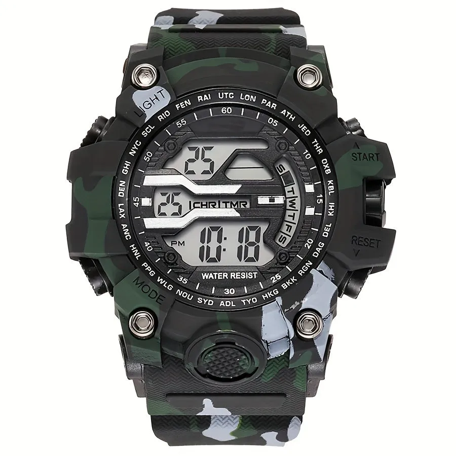 Boys' Camo Silicone Strap Digital Watch - Large Dial, Date & Week Display, Alarm, Chronograph, Luminous, Waterproof FS