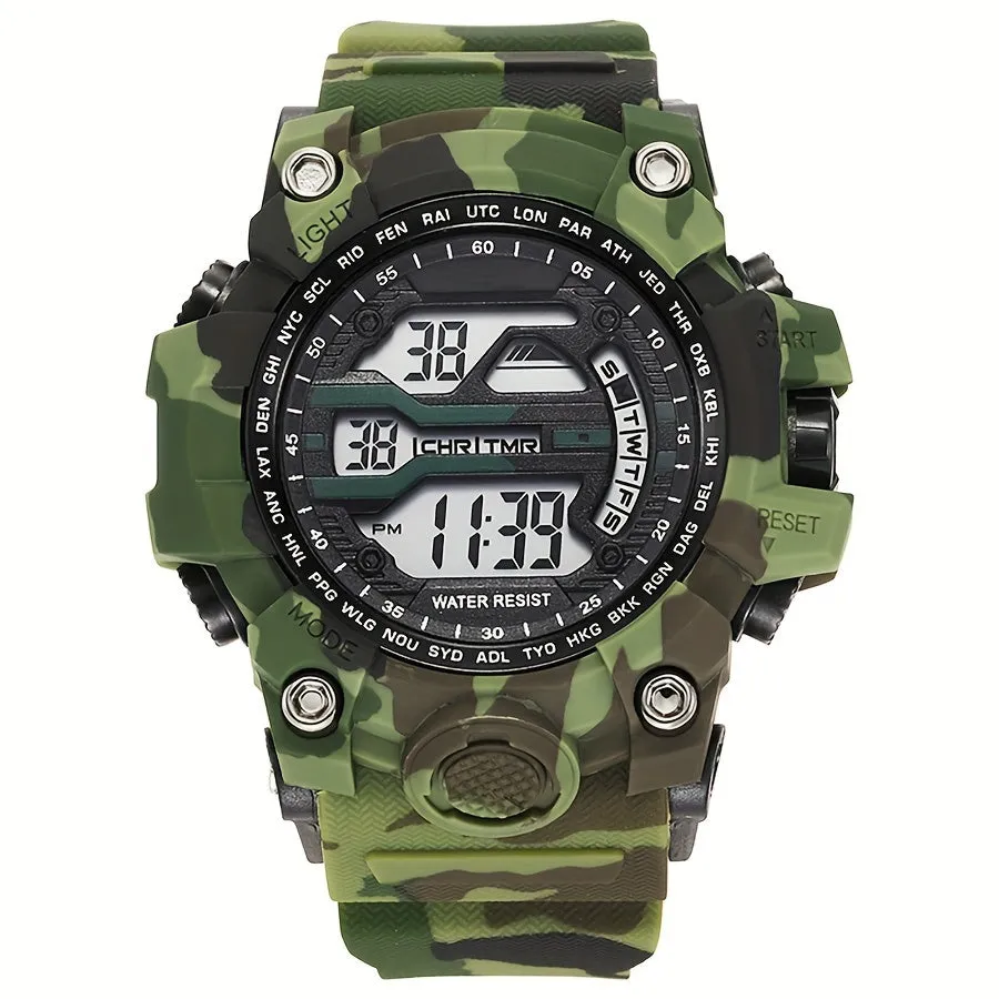 Boys' Camo Silicone Strap Digital Watch - Large Dial, Date & Week Display, Alarm, Chronograph, Luminous, Waterproof FS