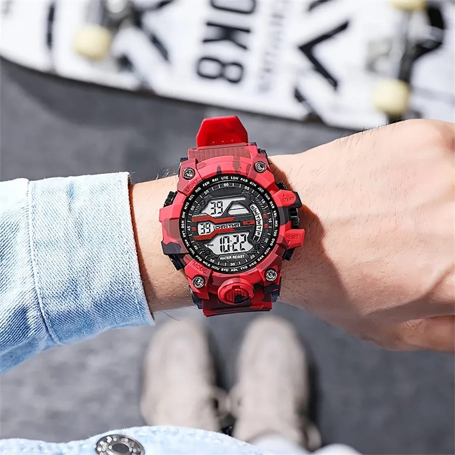 Boys' Camo Silicone Strap Digital Watch - Large Dial, Date & Week Display, Alarm, Chronograph, Luminous, Waterproof FS