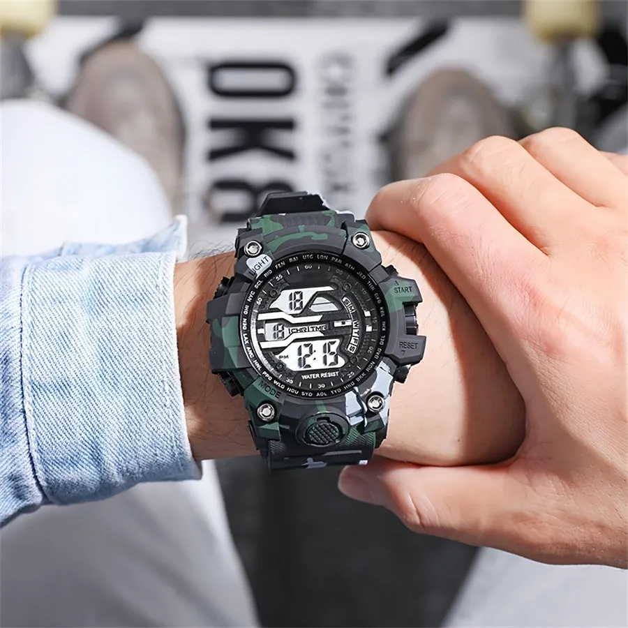 Boys' Camo Silicone Strap Digital Watch - Large Dial, Date & Week Display, Alarm, Chronograph, Luminous, Waterproof FS