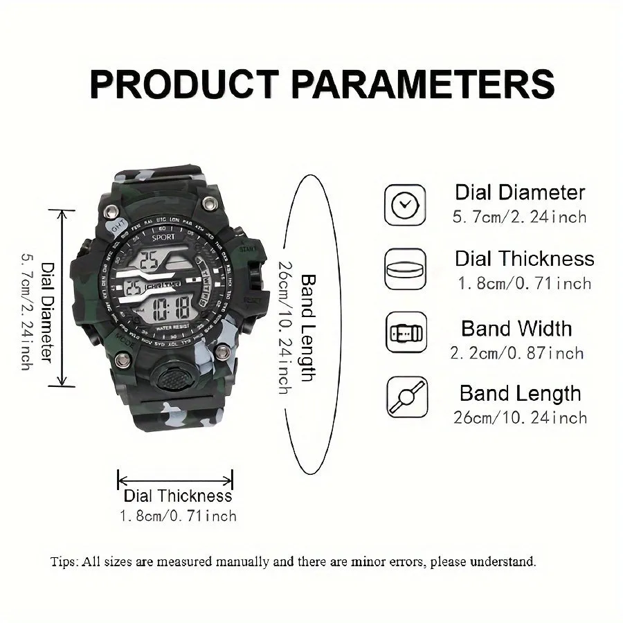 Boys' Camo Silicone Strap Digital Watch - Large Dial, Date & Week Display, Alarm, Chronograph, Luminous, Waterproof FS
