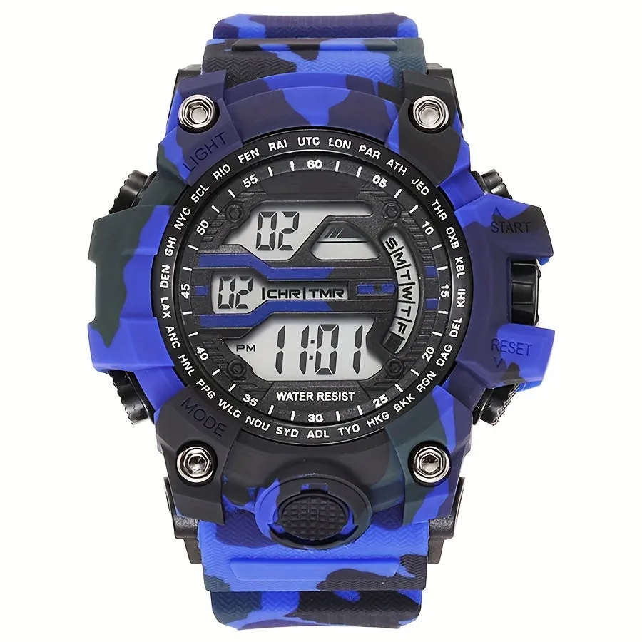 Boys' Camo Silicone Strap Digital Watch - Large Dial, Date & Week Display, Alarm, Chronograph, Luminous, Waterproof FS