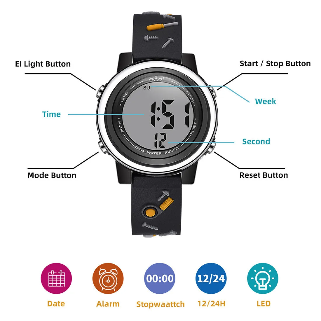 Boys Digital Sports Watch with many features - Tools